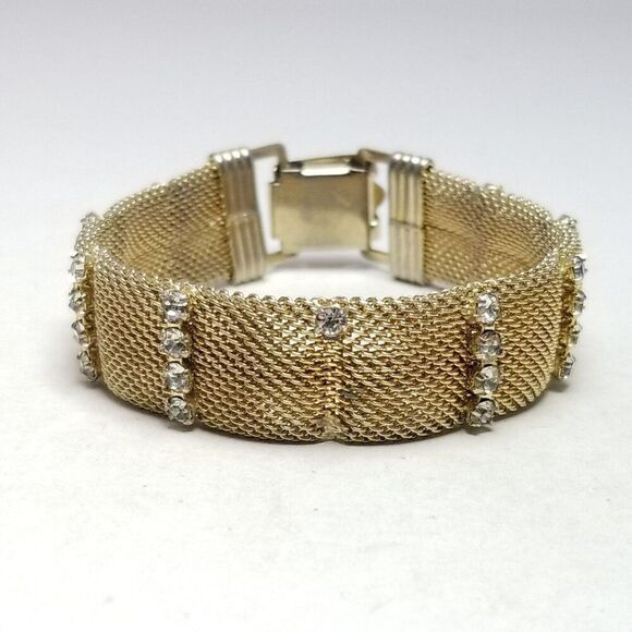 Vintage Gold Tone Mesh Bangle Bracelet with Rhinestone Stripes, Estate - Picture 2 of 6